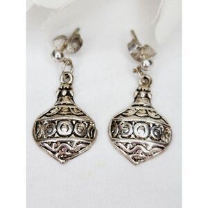 Filigree Christmas Ornament Silver Tone Drop Fishhook Dangle Earrings